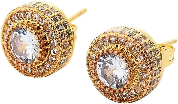 24K Gold Plated Iced Out CZ Hip Hop Stud Earrings Party Cubic Zirconia Earrings for Men Women