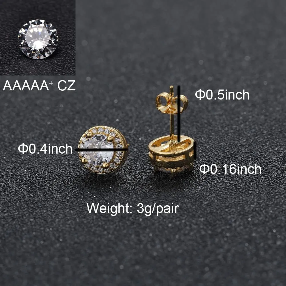 24K Gold Plated Iced Out CZ Hip Hop Stud Earrings Party Cubic Zirconia Earrings for Men Women