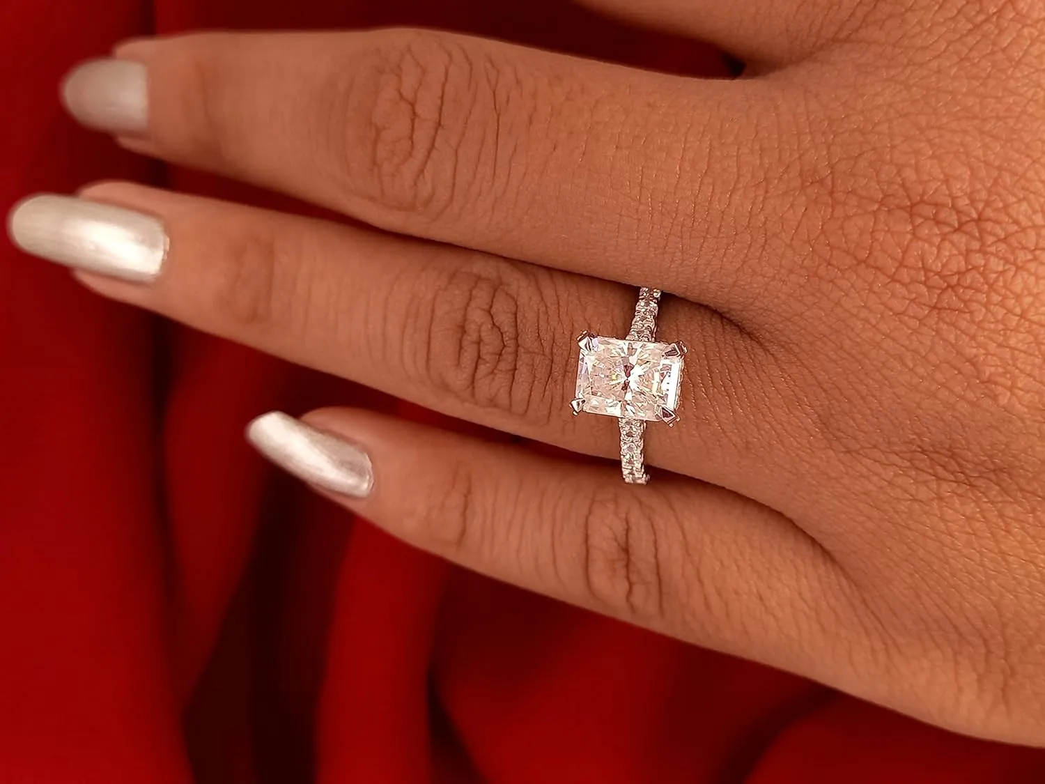 2.50 CT Radiant Cut Moissanite Engagement Rings Solid 14K White Gold/925 Sterling Silver Hidden Halo Ring For Women Wedding Ring
