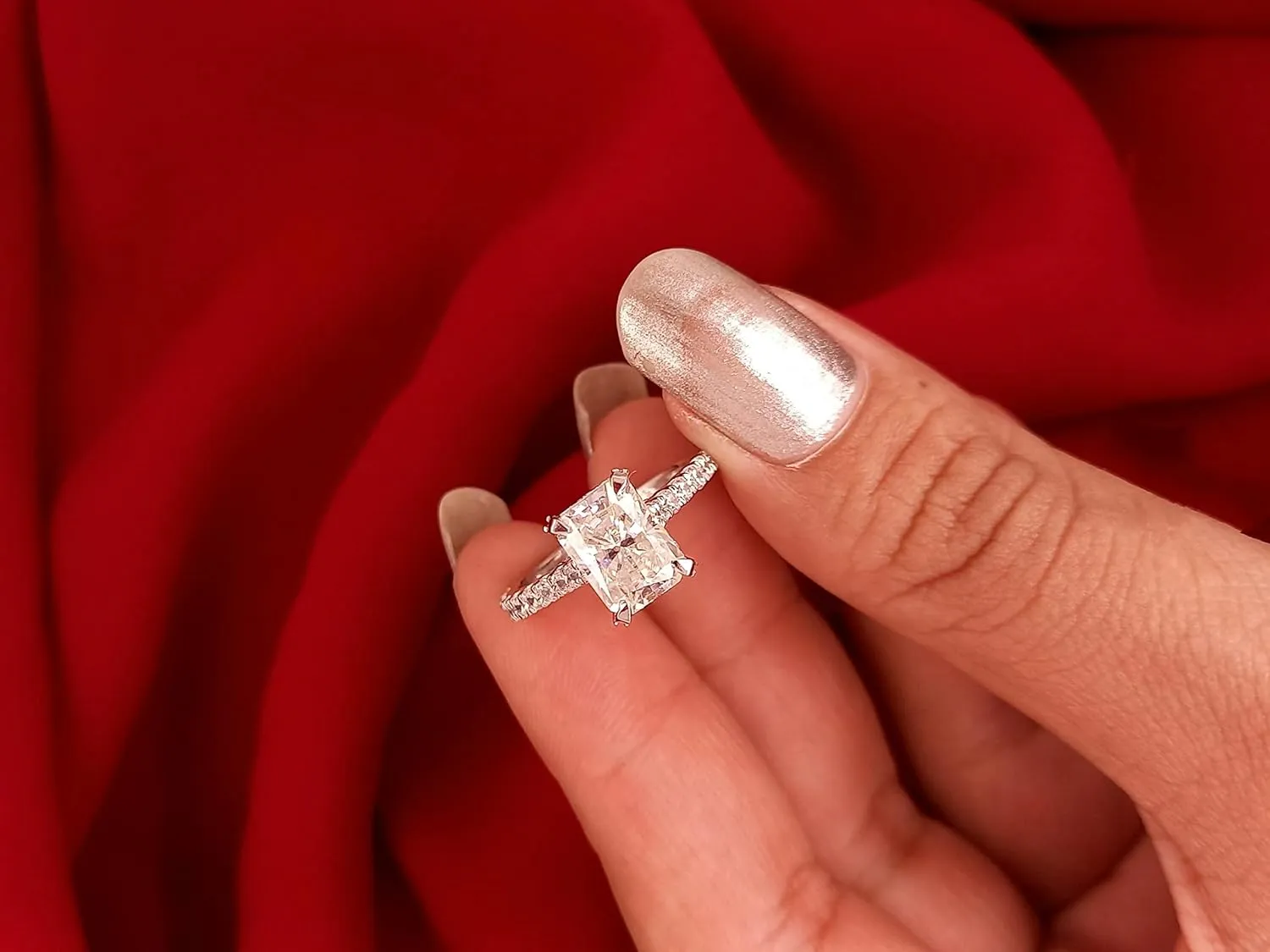 2.50 CT Radiant Cut Moissanite Engagement Rings Solid 14K White Gold/925 Sterling Silver Hidden Halo Ring For Women Wedding Ring