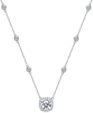 2.5CT Moissanite Pendant Necklace for Women, 8x8mm Cushion Cut D Color VVS1 Moissanite 925 Sterling Silver Dainty Halo Pendant for Mom, Wife, Lady Birthday Gifts