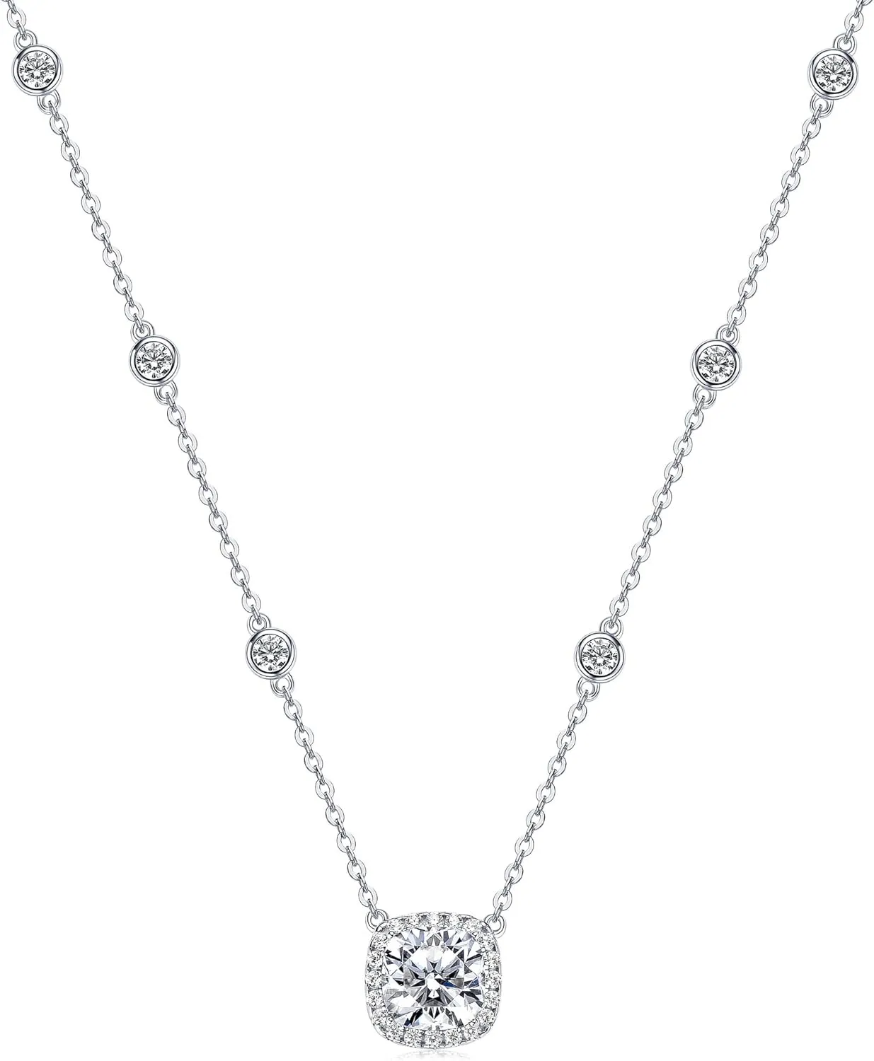 2.5CT Moissanite Pendant Necklace for Women, 8x8mm Cushion Cut D Color VVS1 Moissanite 925 Sterling Silver Dainty Halo Pendant for Mom, Wife, Lady Birthday Gifts