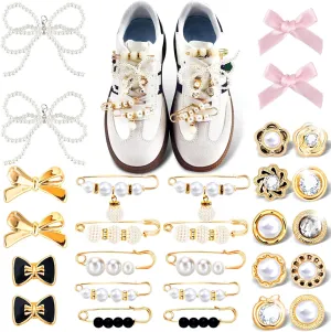 28Pcs Shoe Charms for Sneakers Shoelace DIY Golden Jewelry Charm for Women Metal Shoes Socks Brooch Button Pins Decoration Cute Rhinestone Pearl Bow Heart Floral Charms Accessories Bulk