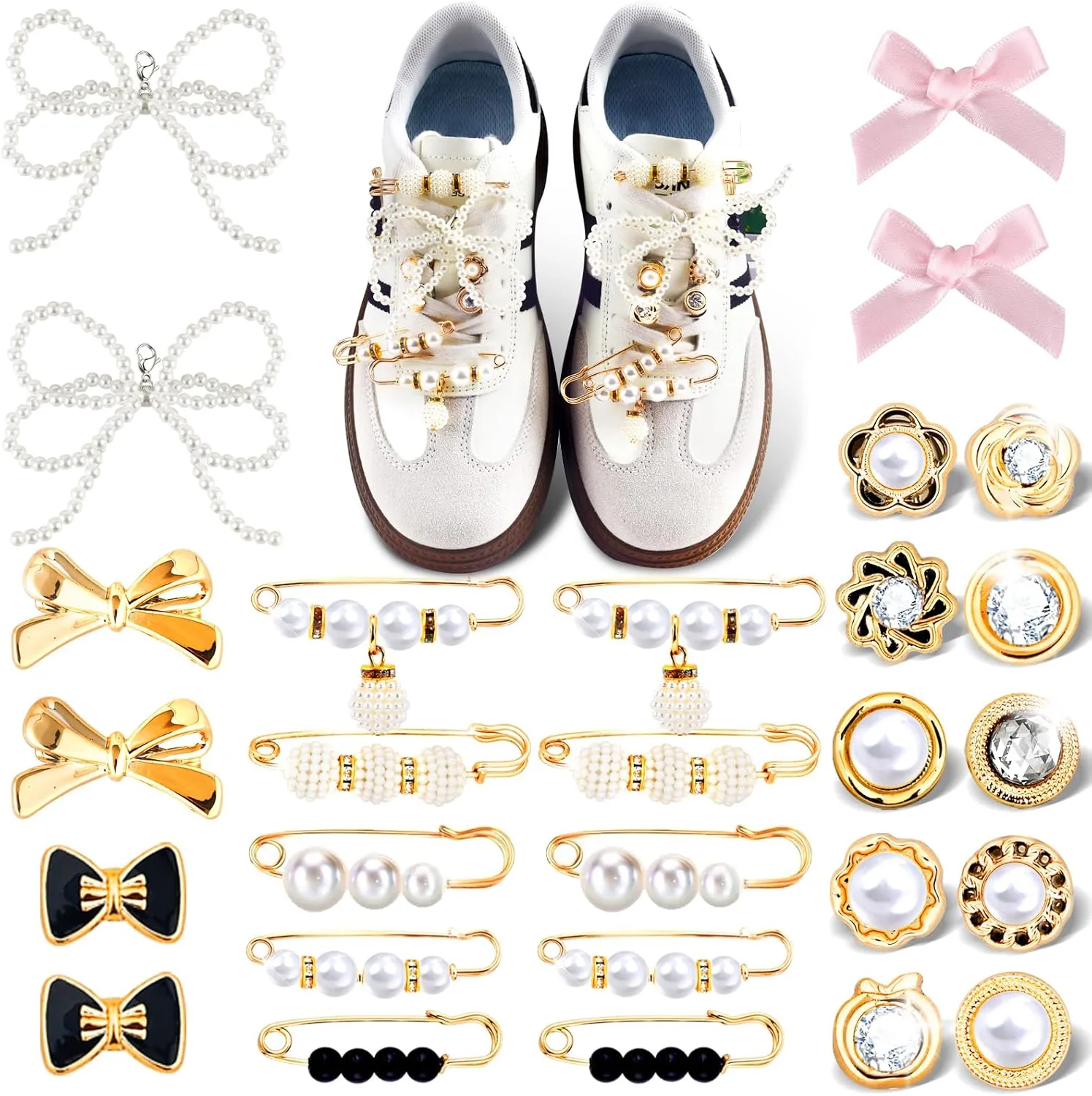 28Pcs Shoe Charms for Sneakers Shoelace DIY Golden Jewelry Charm for Women Metal Shoes Socks Brooch Button Pins Decoration Cute Rhinestone Pearl Bow Heart Floral Charms Accessories Bulk