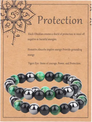 2Pcs 10mm Black Obsidian Hematite Triple Protection Beaded Bracelet Crystal Stone Bracelet for Men Protection Luck Bracelet Jewelry Gift