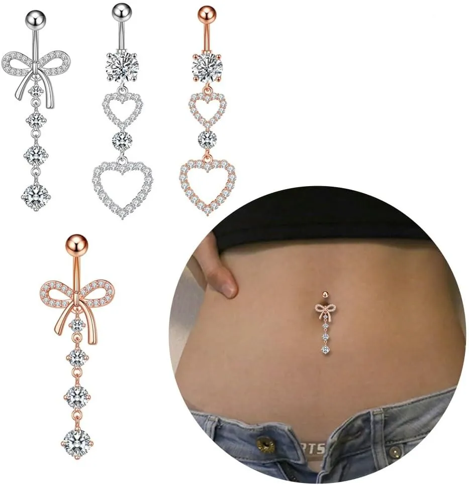 2Pcs 14G Stainless Steel Belly Button Rings for Women Cubic Zirconia Heart Bowknot Dangle Belly Navel Rings Belly Curved Barbells Body Piercing Jewelry