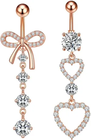 2Pcs 14G Stainless Steel Belly Button Rings for Women Cubic Zirconia Heart Bowknot Dangle Belly Navel Rings Belly Curved Barbells Body Piercing Jewelry