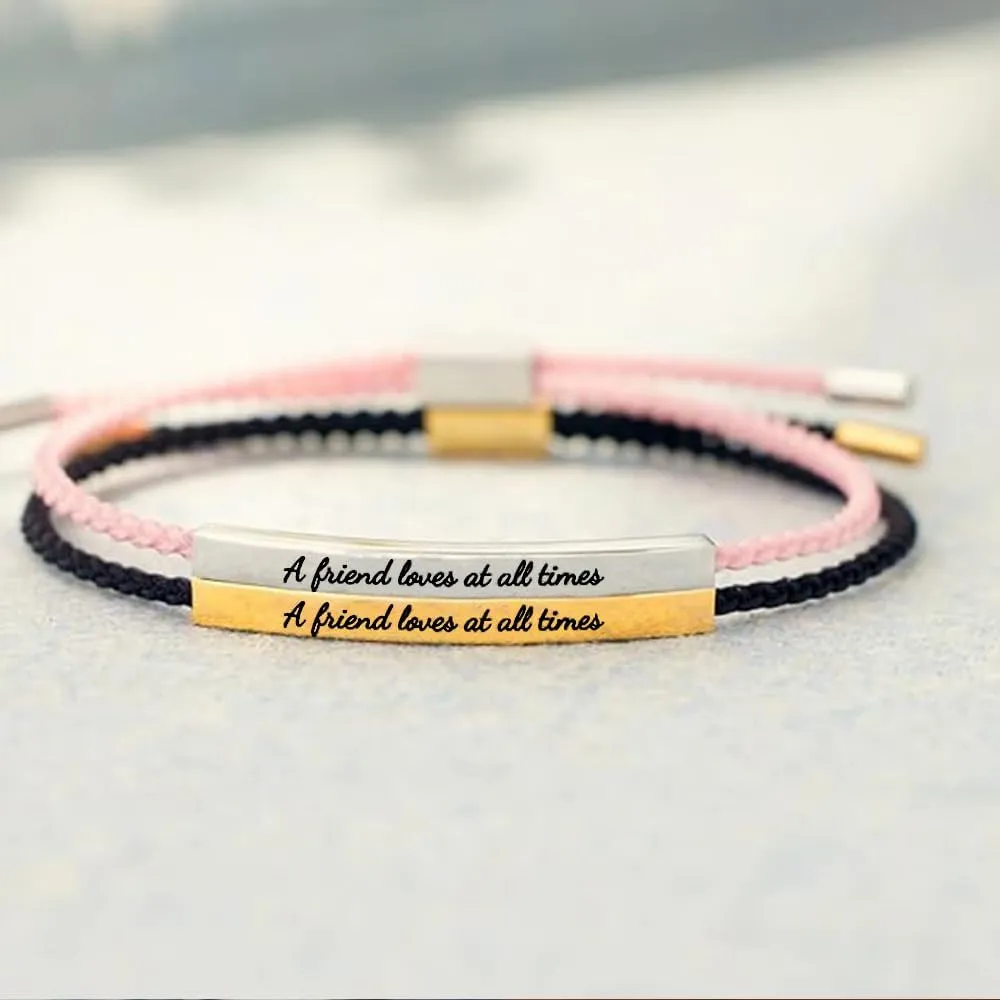 2PCS A Friend Loves at All Times Dainty Chain Tube Bracelet,Handmade Braided Wrap Bracelet,Adjustable Stainless Steel Engraved Inspirational Bracelet,Friendship Bracelets,for Women Gifts