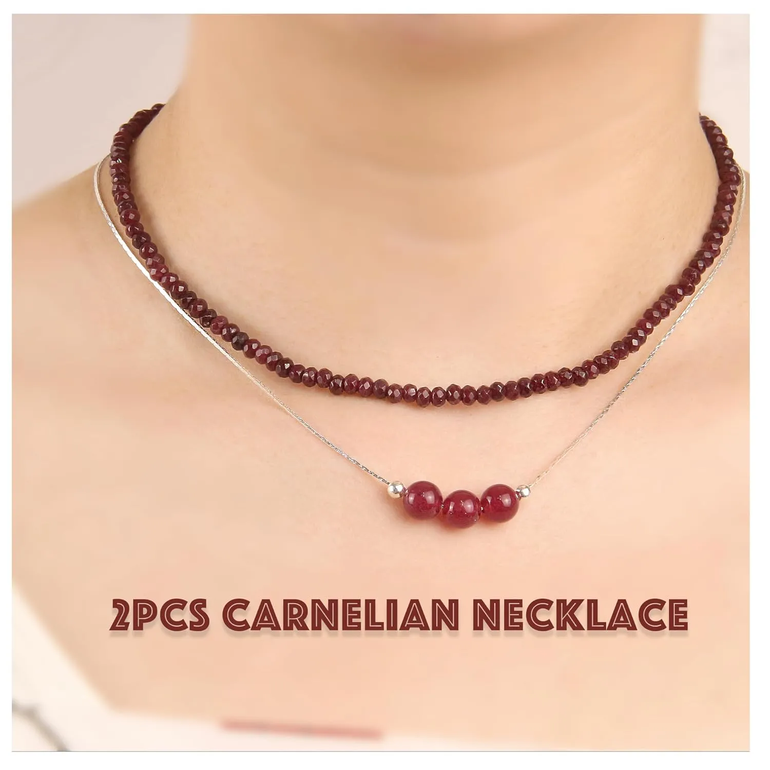 2Pcs Carnelian Necklace - Beaded Necklace Crystal Necklaces For Women - 4 MM Spinel Choker and Silver Chain Gem Pendant Women Jewelry