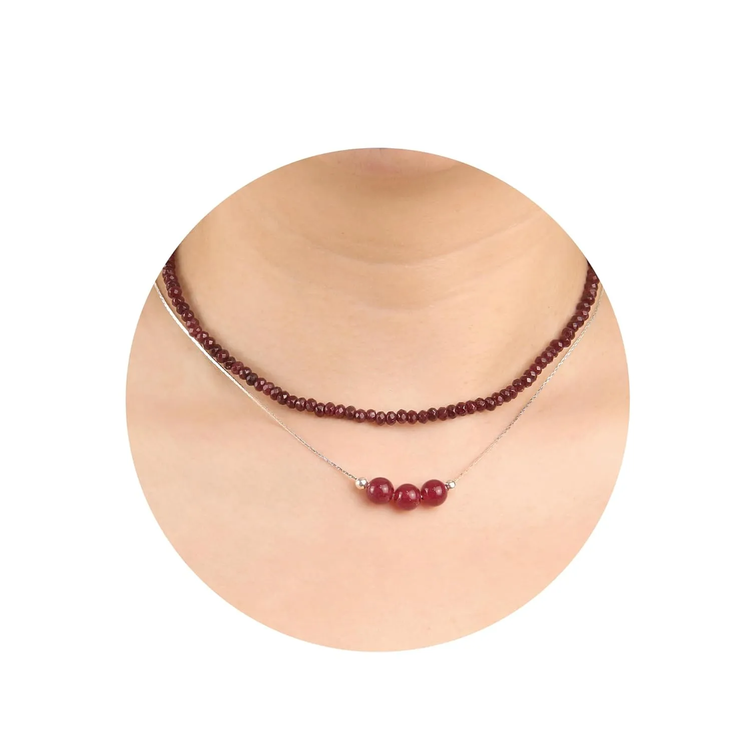 2Pcs Carnelian Necklace - Beaded Necklace Crystal Necklaces For Women - 4 MM Spinel Choker and Silver Chain Gem Pendant Women Jewelry