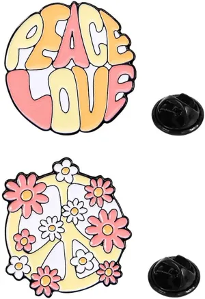 2pcs Cute Flower Peace Sign Brooches Set for Women Girls Round Pink Enamel Daisy Hippie Love Peace Symbol Breastpin Lapel Pins Dainty Dress Accessories Holiday Festival Jewelry Gifts Souvenirs