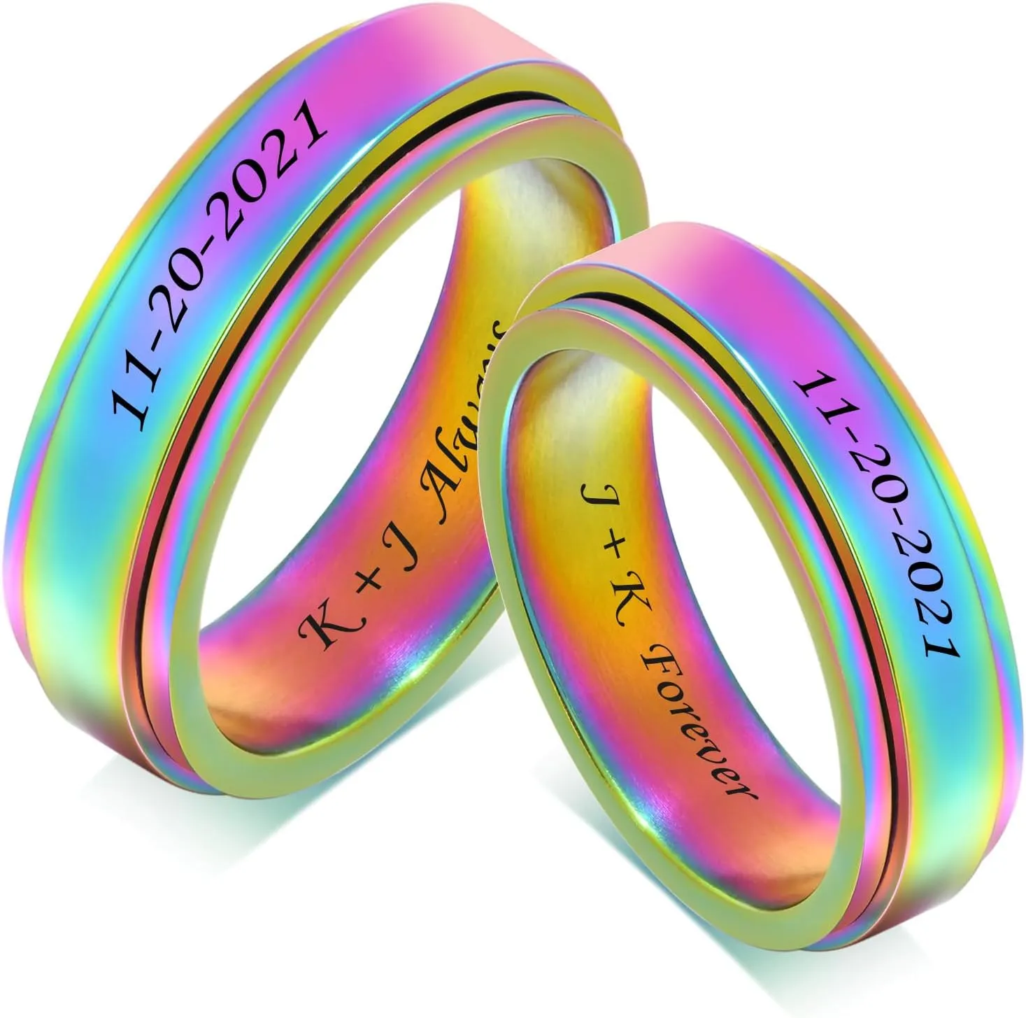 2Pcs Personalized Couple Ring 6mm Stainless Steel Rainbow Colorful Step Edges Spinner Ring Band for Husband Wife,Best Friend Rings for 2