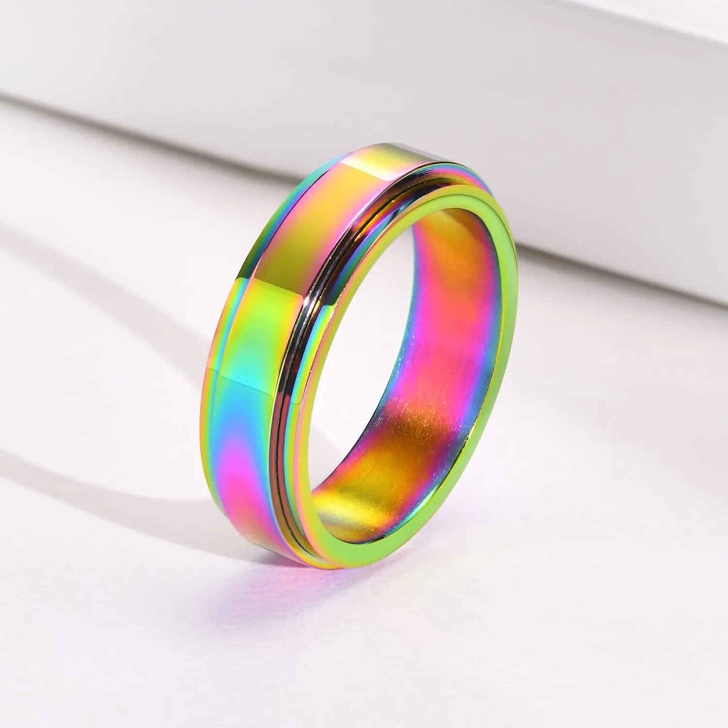2Pcs Personalized Couple Ring 6mm Stainless Steel Rainbow Colorful Step Edges Spinner Ring Band for Husband Wife,Best Friend Rings for 2