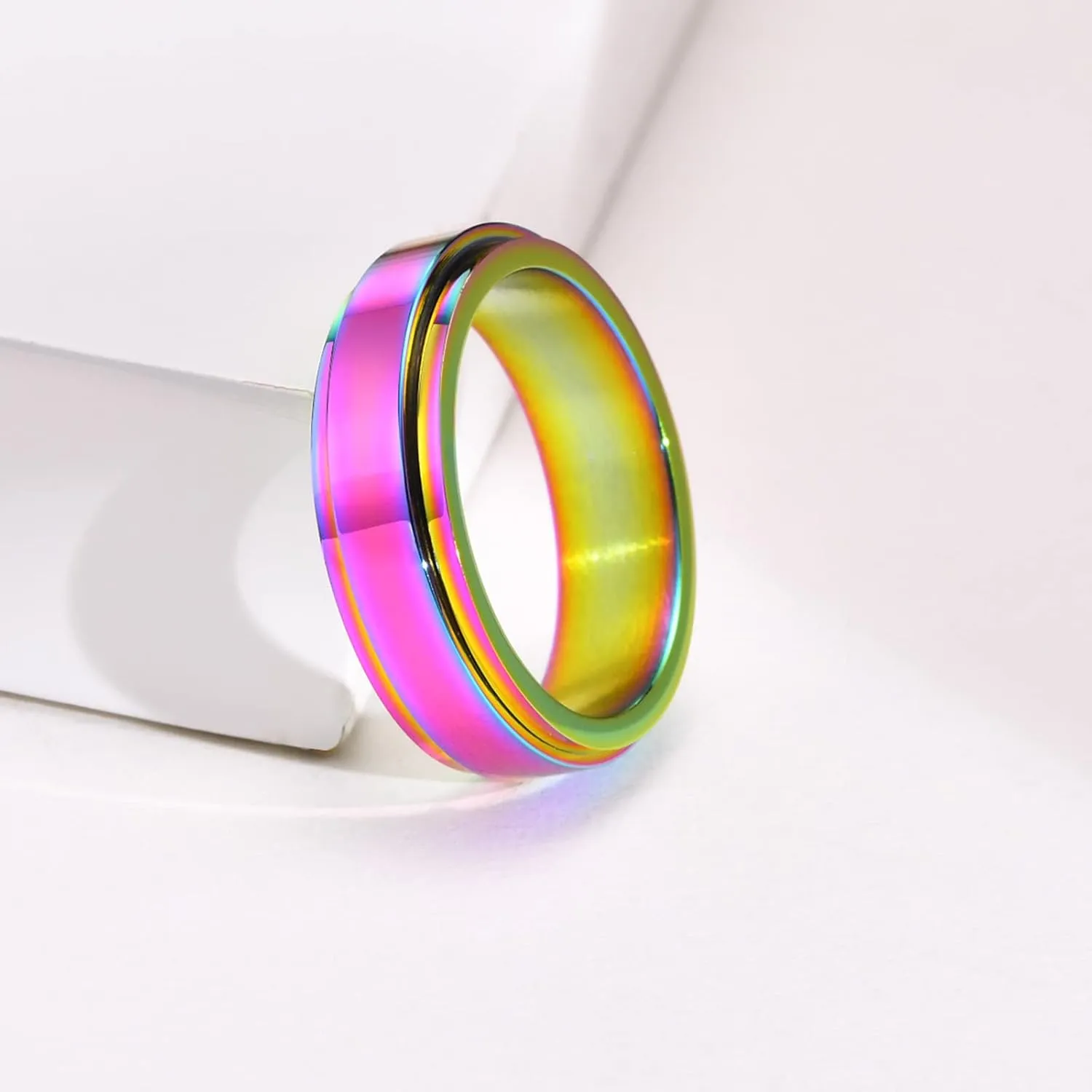 2Pcs Personalized Couple Ring 6mm Stainless Steel Rainbow Colorful Step Edges Spinner Ring Band for Husband Wife,Best Friend Rings for 2