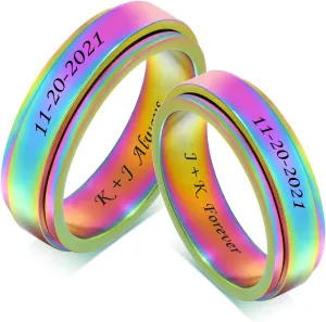 2Pcs Personalized Couple Ring 6mm Stainless Steel Rainbow Colorful Step Edges Spinner Ring Band for Husband Wife,Best Friend Rings for 2