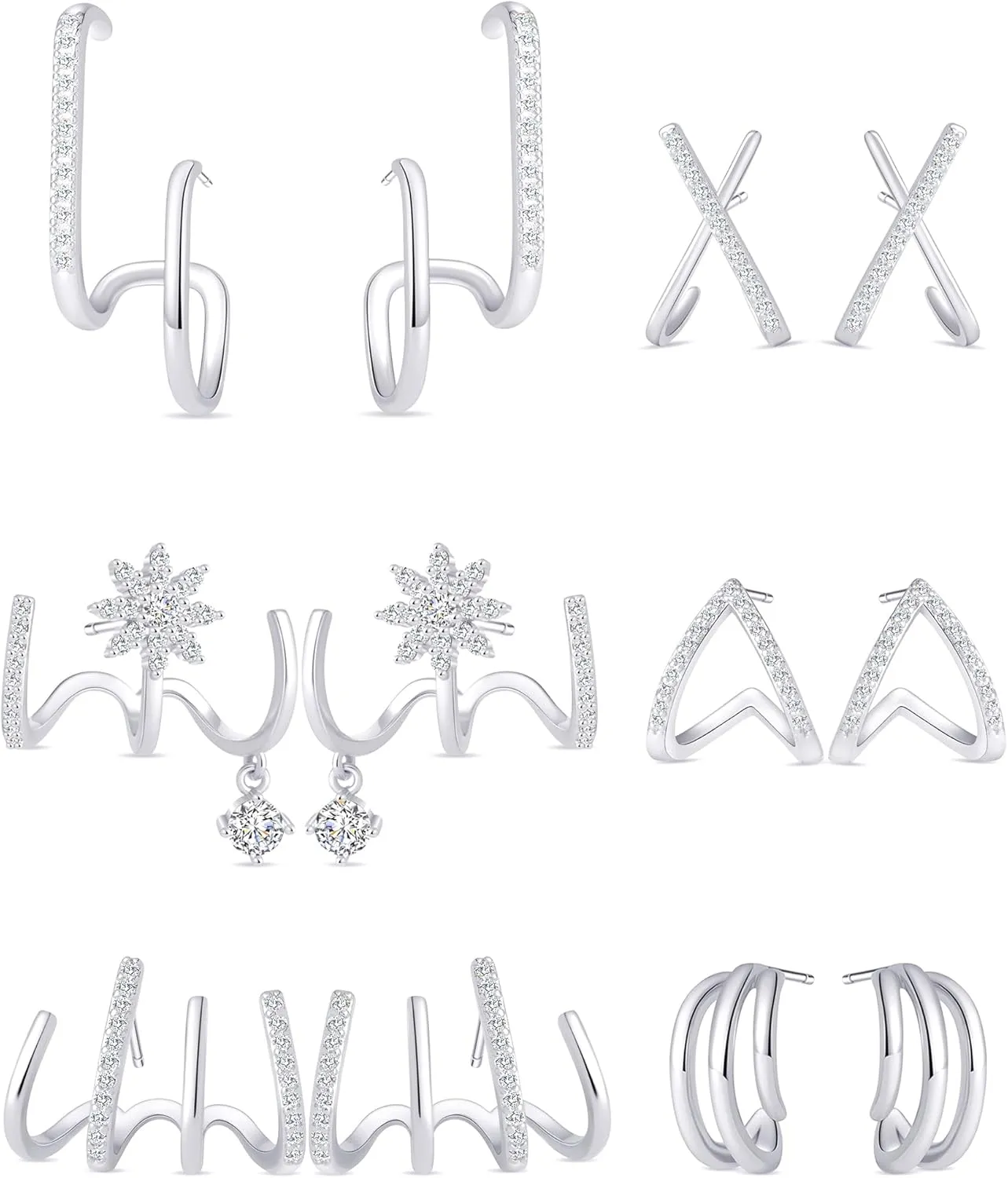 3-6 Pairs Claw Earrings X-shaped Heart Snowflake Butterfly Shiny Pearl CZ Ear Cuff Minimalist Double Wrap Stud Huggie Earrings Jewelry Set for Women Silver Gold Tone
