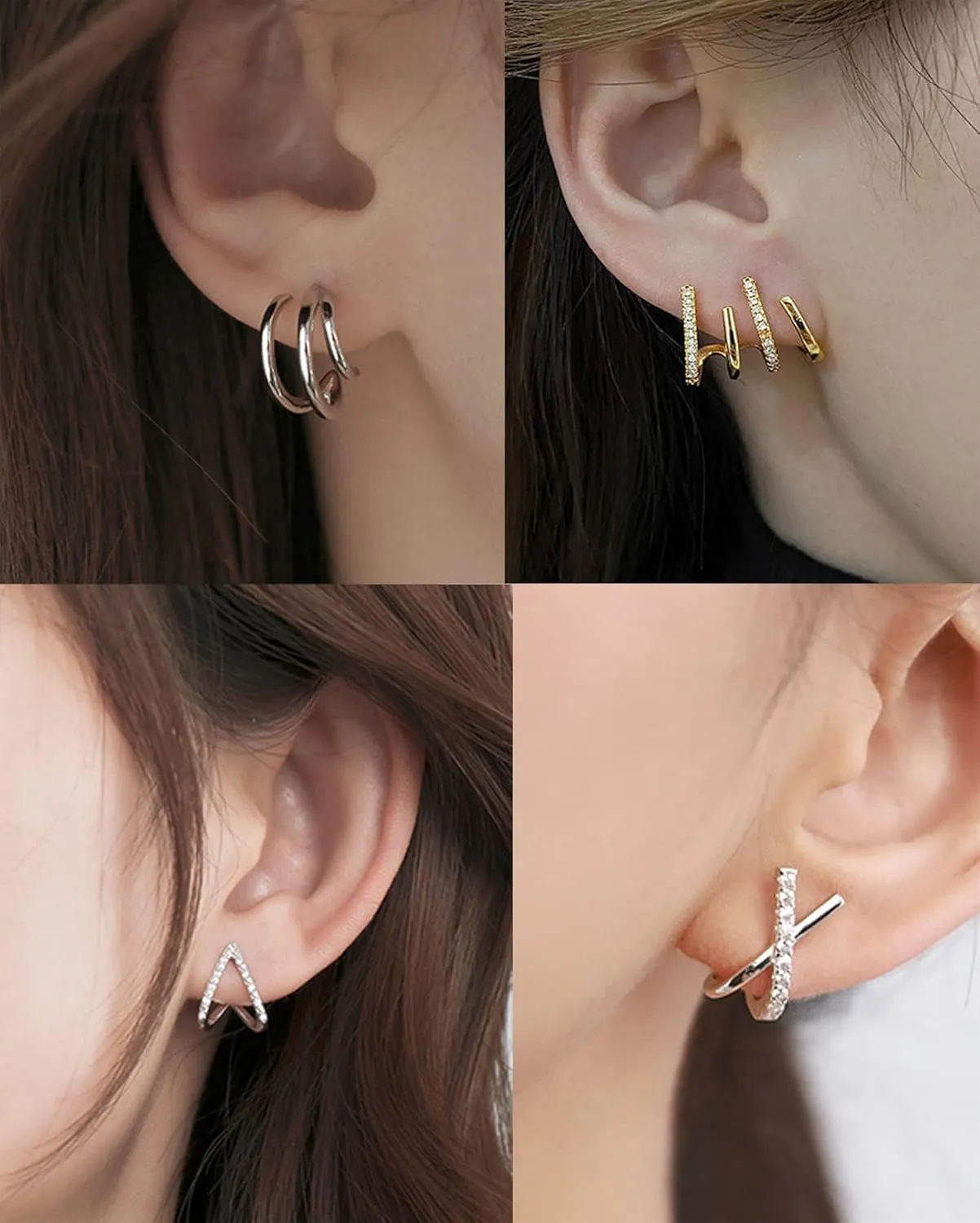3-6 Pairs Claw Earrings X-shaped Heart Snowflake Butterfly Shiny Pearl CZ Ear Cuff Minimalist Double Wrap Stud Huggie Earrings Jewelry Set for Women Silver Gold Tone