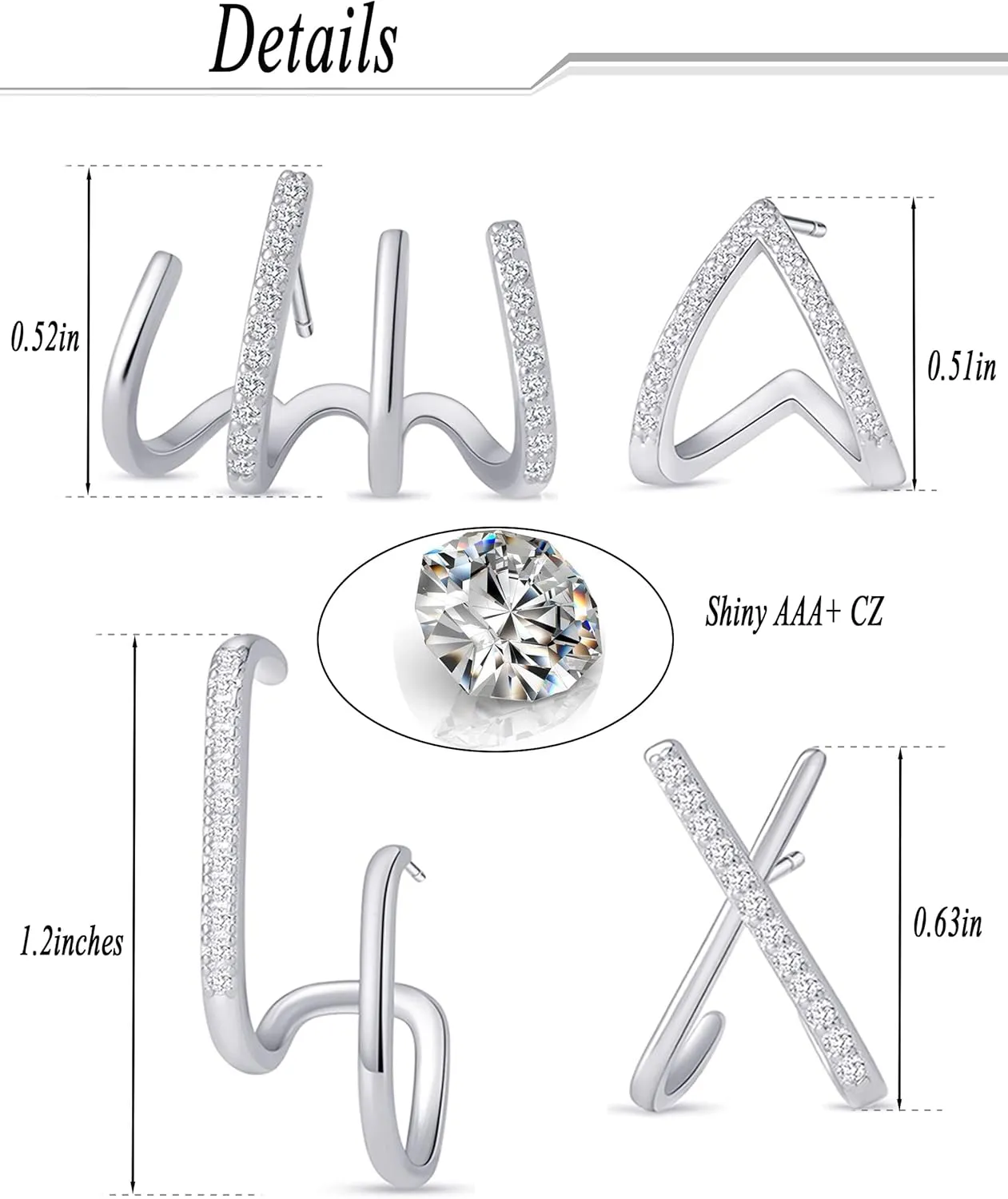 3-6 Pairs Claw Earrings X-shaped Heart Snowflake Butterfly Shiny Pearl CZ Ear Cuff Minimalist Double Wrap Stud Huggie Earrings Jewelry Set for Women Silver Gold Tone