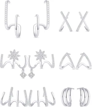 3-6 Pairs Claw Earrings X-shaped Heart Snowflake Butterfly Shiny Pearl CZ Ear Cuff Minimalist Double Wrap Stud Huggie Earrings Jewelry Set for Women Silver Gold Tone