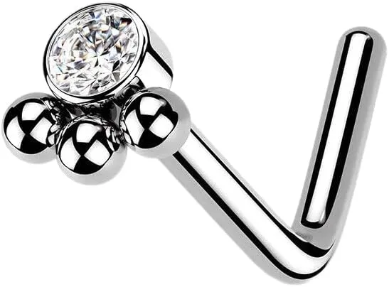 3 Beaded Cluster Ball W/CZ Center Surgical Steel Nose L Shaped Nose Studs Ring 18g (1 mm) Silver Body Unique Jewelry Delicate Design Piercing Steel Surgical For Women