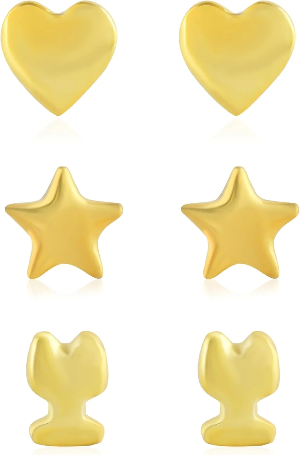 3 Pairs 18K Gold Plated Stud Earrings Set - Star, Heart, and Bear Shaped Earrings for Men & Women