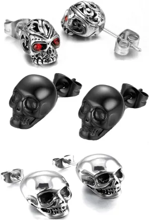 3 Pairs Gothic Skull Earring Studs for Men Women,Hypoallergenic,for Hallloween Party Cosplay