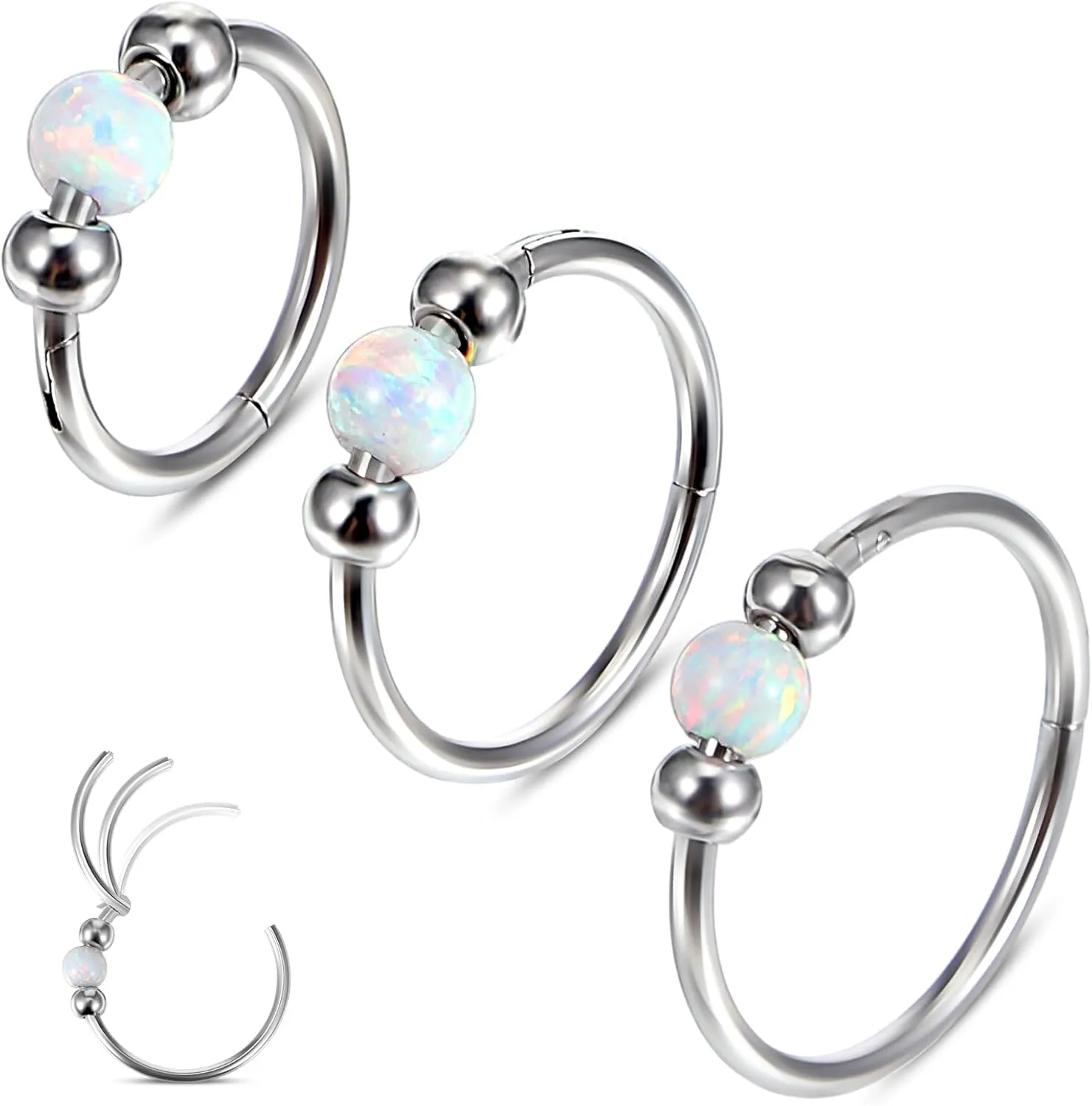 3 Pcs Opal Nose Rings Hoop for Women 18G 316L Surgical Steel Opal Nose Septum Ring Nose Piercing Jewelry Cartilage Earring Hinged Helix Rook Tragus Conch Lip Piercings 8/10/12mm