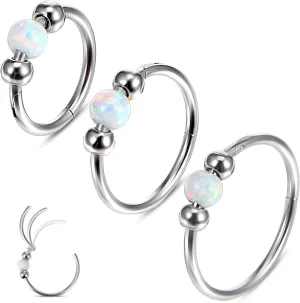 3 Pcs Opal Nose Rings Hoop for Women 18G 316L Surgical Steel Opal Nose Septum Ring Nose Piercing Jewelry Cartilage Earring Hinged Helix Rook Tragus Conch Lip Piercings 8/10/12mm