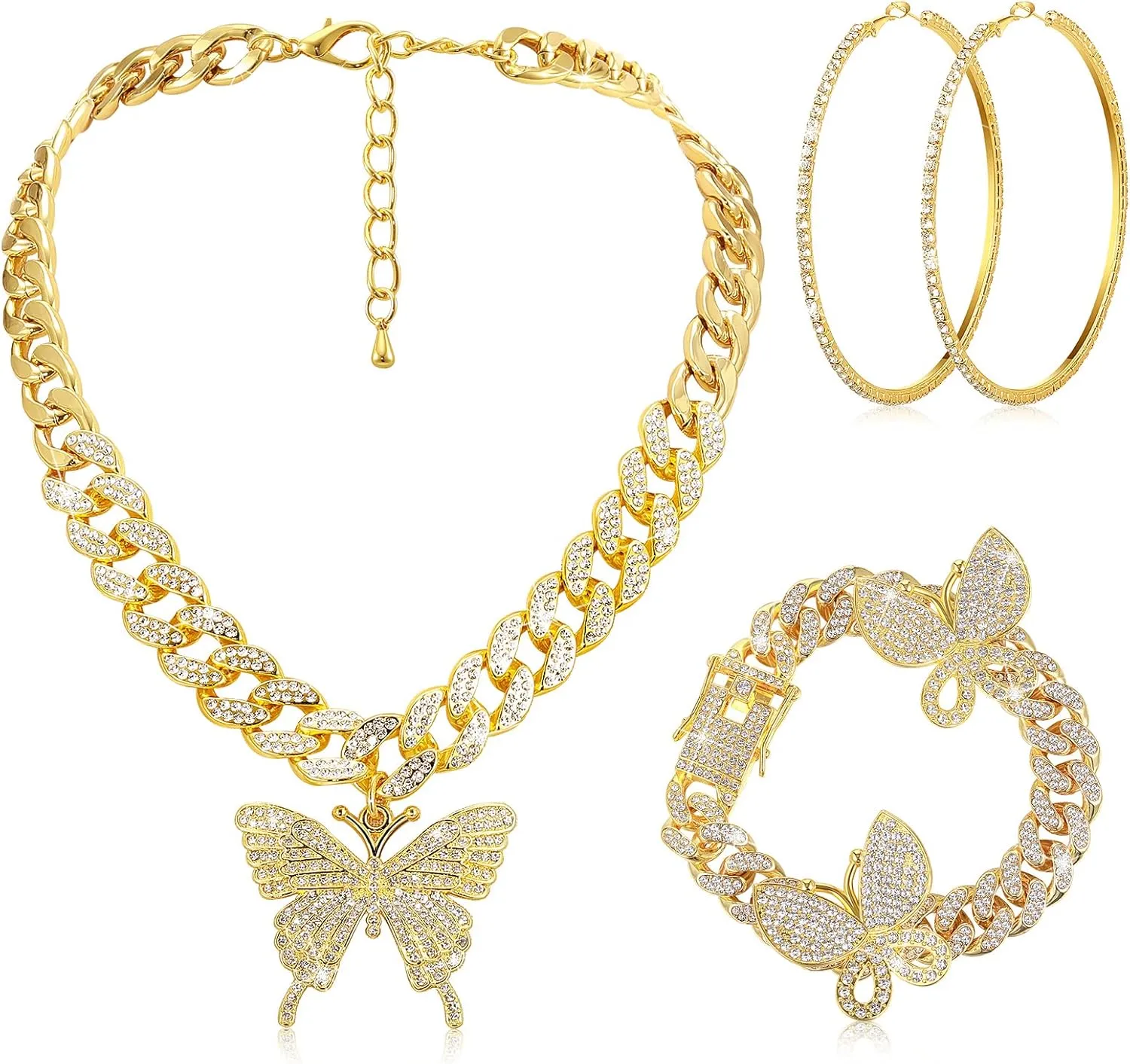 3 Pieces Butterfly Cuban Jewelry Set Cuban Link Chain Necklace for Women Rhinestone Butterfly Pendant Necklace Rhinestone Bracelet Large Hoop Earrings Bling Earrings
