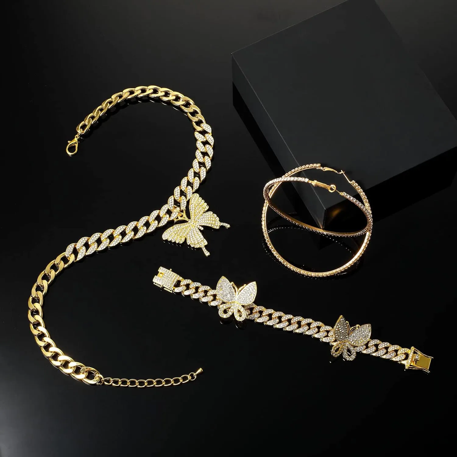 3 Pieces Butterfly Cuban Jewelry Set Cuban Link Chain Necklace for Women Rhinestone Butterfly Pendant Necklace Rhinestone Bracelet Large Hoop Earrings Bling Earrings