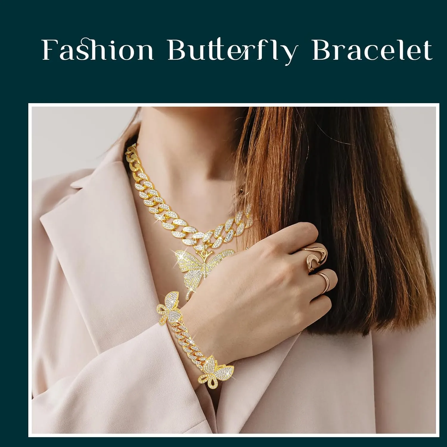 3 Pieces Butterfly Cuban Jewelry Set Cuban Link Chain Necklace for Women Rhinestone Butterfly Pendant Necklace Rhinestone Bracelet Large Hoop Earrings Bling Earrings
