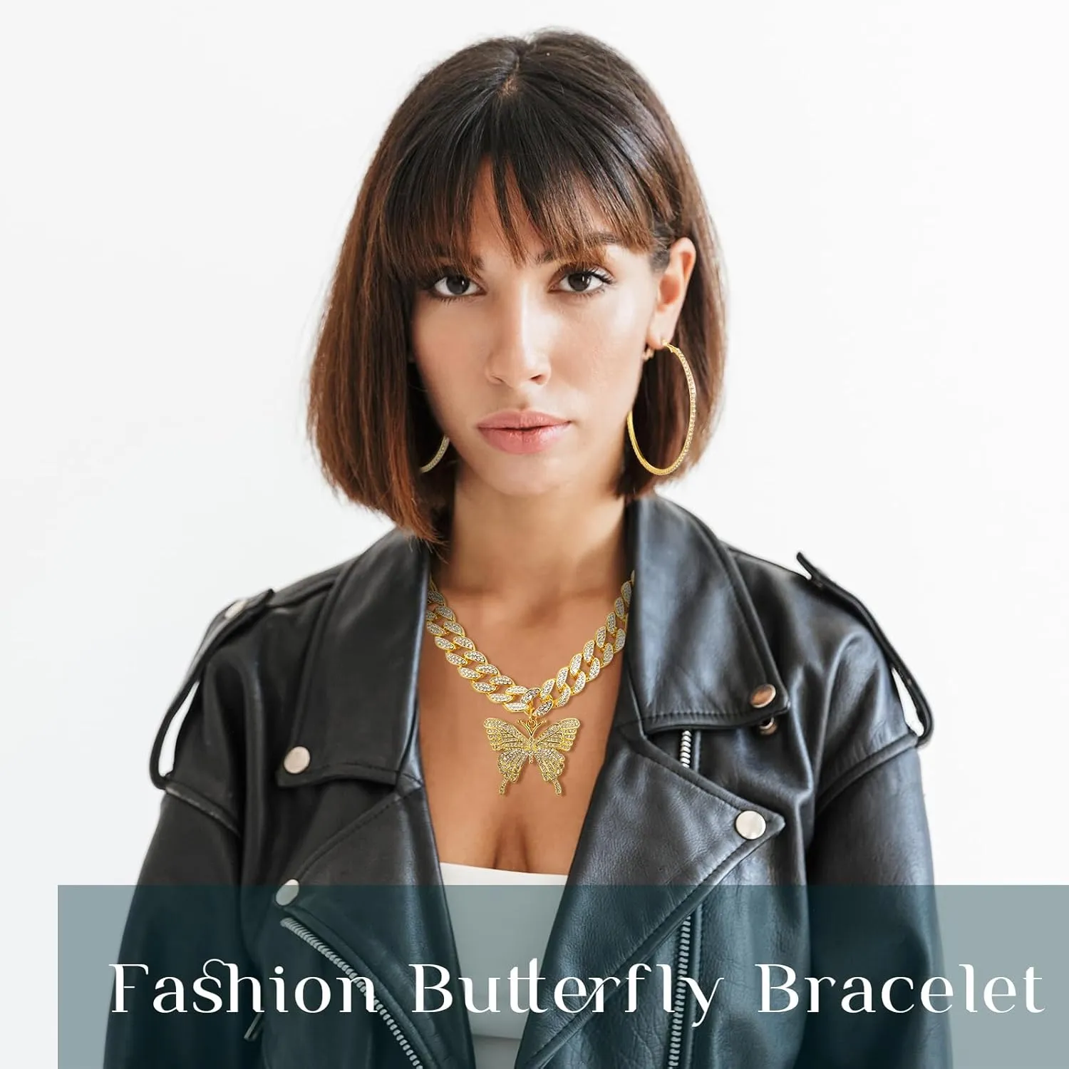3 Pieces Butterfly Cuban Jewelry Set Cuban Link Chain Necklace for Women Rhinestone Butterfly Pendant Necklace Rhinestone Bracelet Large Hoop Earrings Bling Earrings