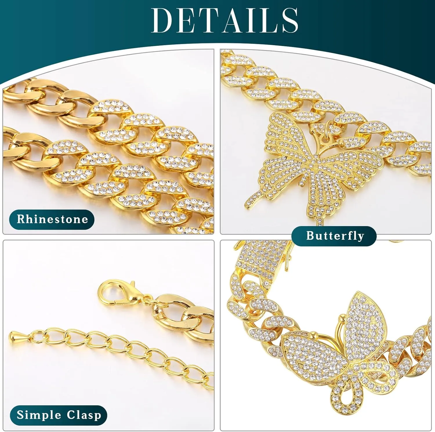 3 Pieces Butterfly Cuban Jewelry Set Cuban Link Chain Necklace for Women Rhinestone Butterfly Pendant Necklace Rhinestone Bracelet Large Hoop Earrings Bling Earrings
