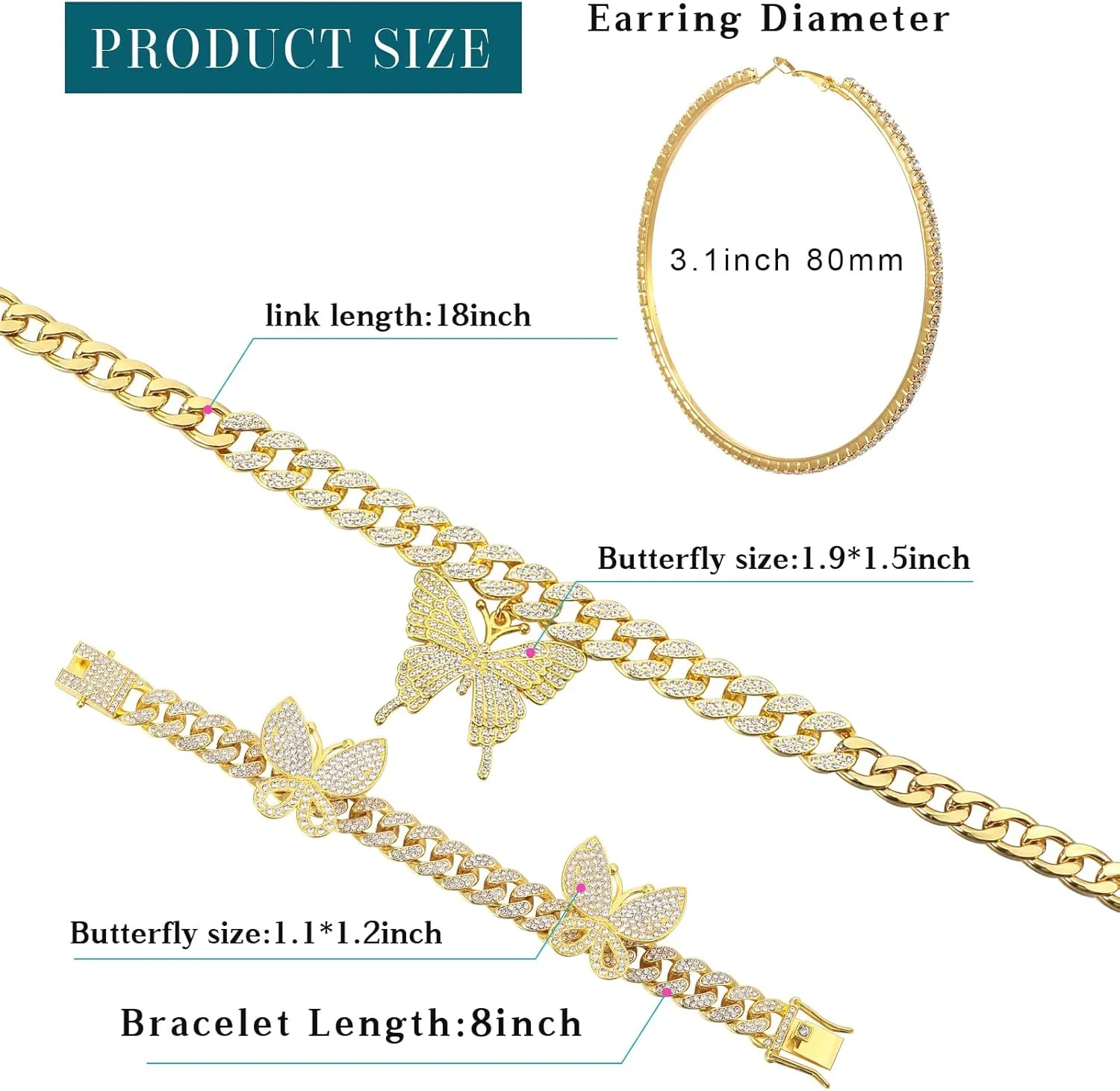 3 Pieces Butterfly Cuban Jewelry Set Cuban Link Chain Necklace for Women Rhinestone Butterfly Pendant Necklace Rhinestone Bracelet Large Hoop Earrings Bling Earrings