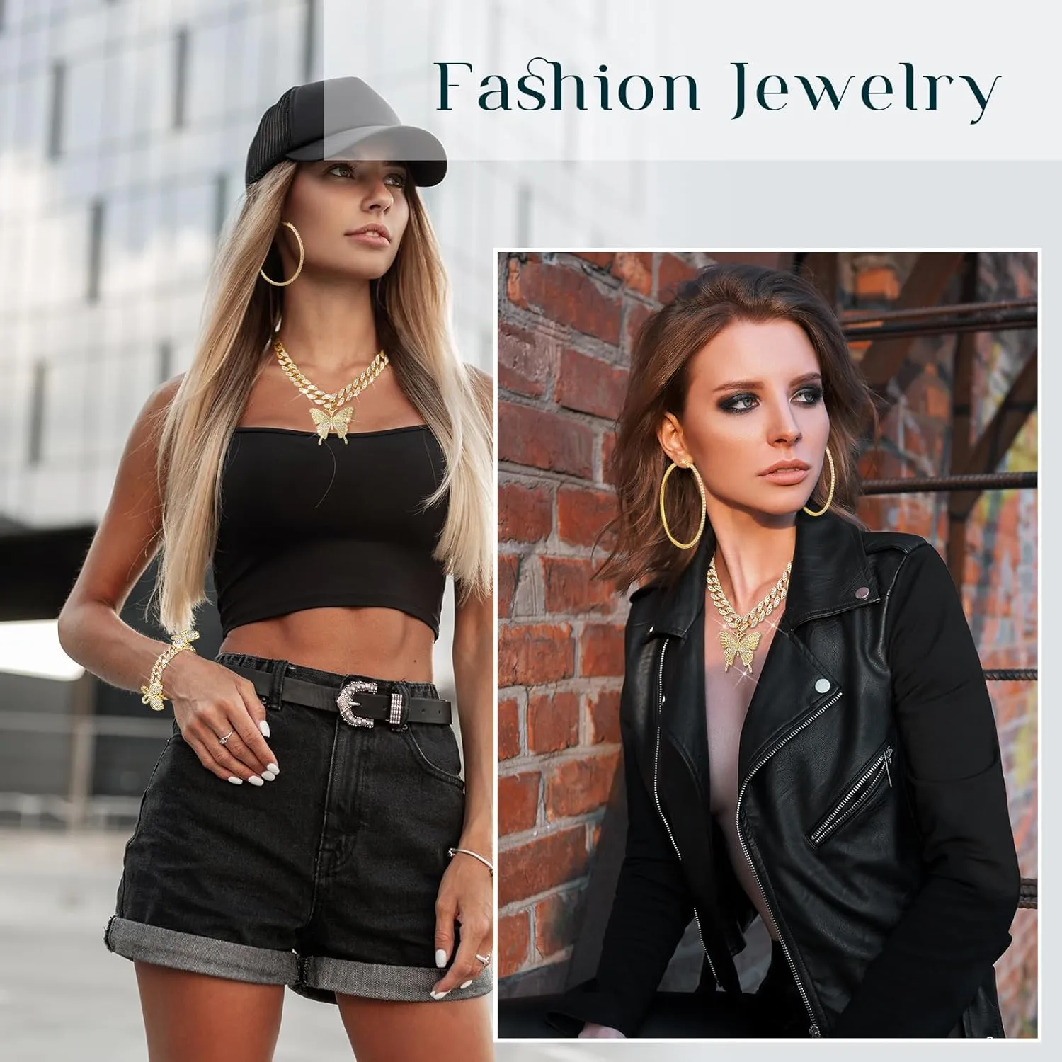 3 Pieces Butterfly Cuban Jewelry Set Cuban Link Chain Necklace for Women Rhinestone Butterfly Pendant Necklace Rhinestone Bracelet Large Hoop Earrings Bling Earrings
