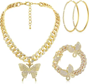 3 Pieces Butterfly Cuban Jewelry Set Cuban Link Chain Necklace for Women Rhinestone Butterfly Pendant Necklace Rhinestone Bracelet Large Hoop Earrings Bling Earrings