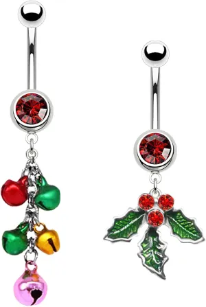 316L 2 PCS Christmas Dangle Mistletoe Belly Button Rings 14G Stainless Steel Jingling Bell Navel Rings for Women Belly Piercing Jewelry