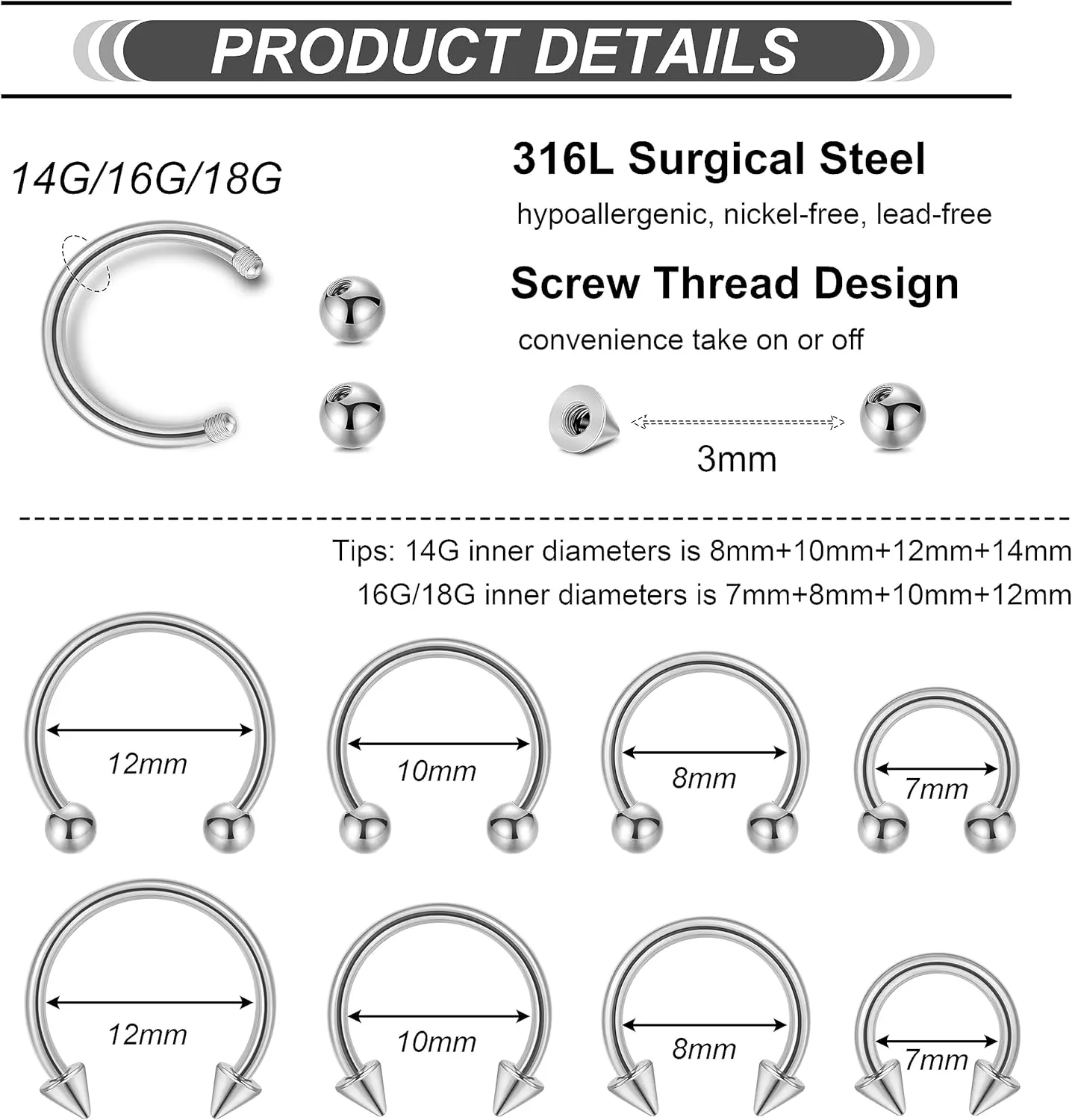 32Pcs 14G 16G 18G Surgical Steel Septum Nose Rings for Women Men Horseshoe Earrings Cartilage Helix Tragus Eyebrow Lip Daith Hoop Smily Piercing Jewelry 7-14MM