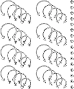 32Pcs 14G 16G 18G Surgical Steel Septum Nose Rings for Women Men Horseshoe Earrings Cartilage Helix Tragus Eyebrow Lip Daith Hoop Smily Piercing Jewelry 7-14MM