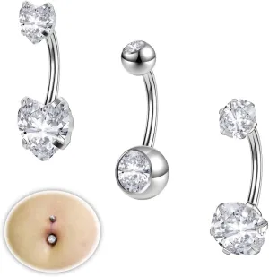3/5PCS 14G Belly Button Rings for Women Surgical Stainless Steel Gold Belly Button Piercing Silver Belly Rings Cubic Zirconia Navel Rings Body Piercing, 6/8/10/12MM