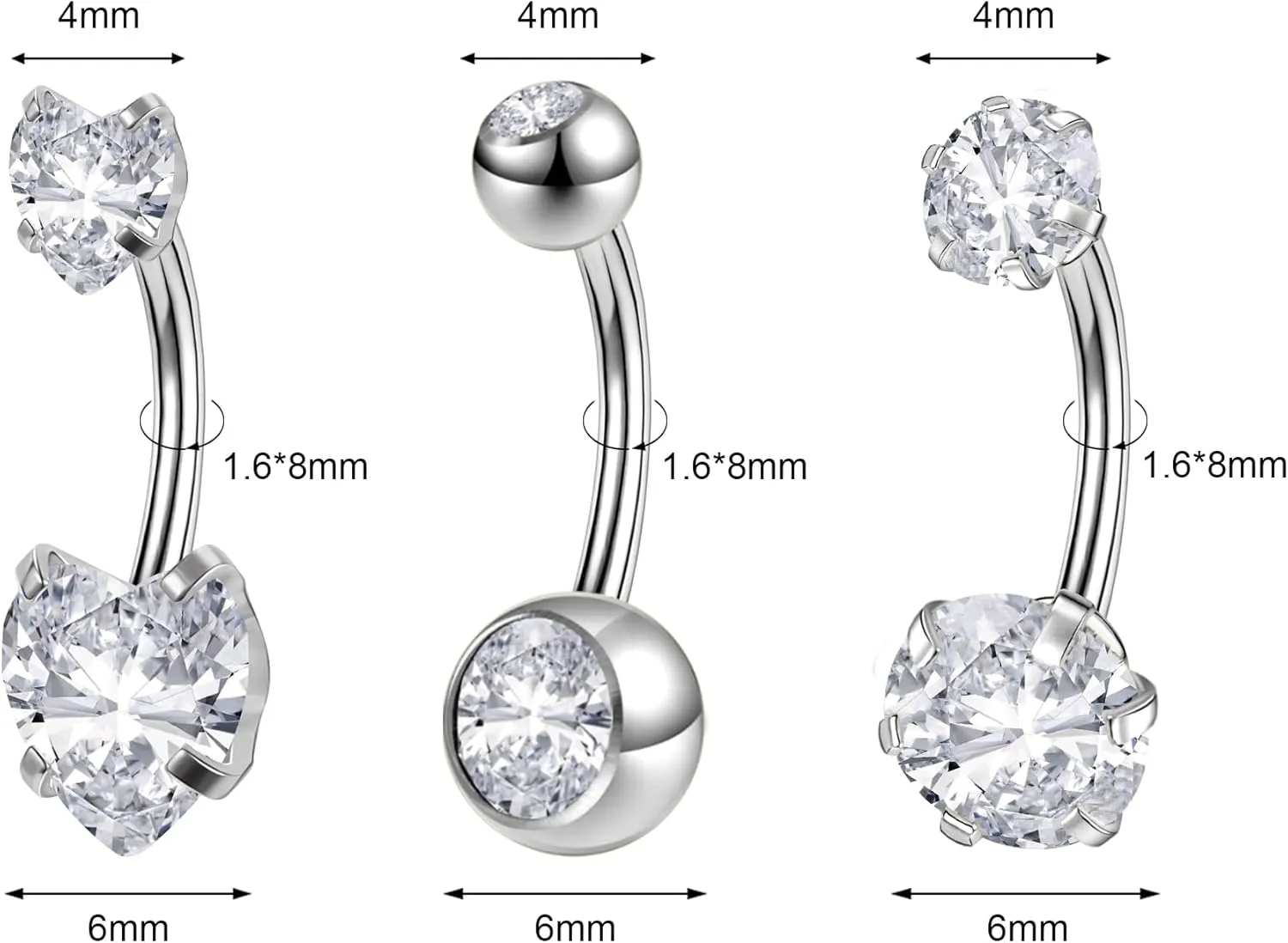 3/5PCS 14G Belly Button Rings for Women Surgical Stainless Steel Gold Belly Button Piercing Silver Belly Rings Cubic Zirconia Navel Rings Body Piercing, 6/8/10/12MM