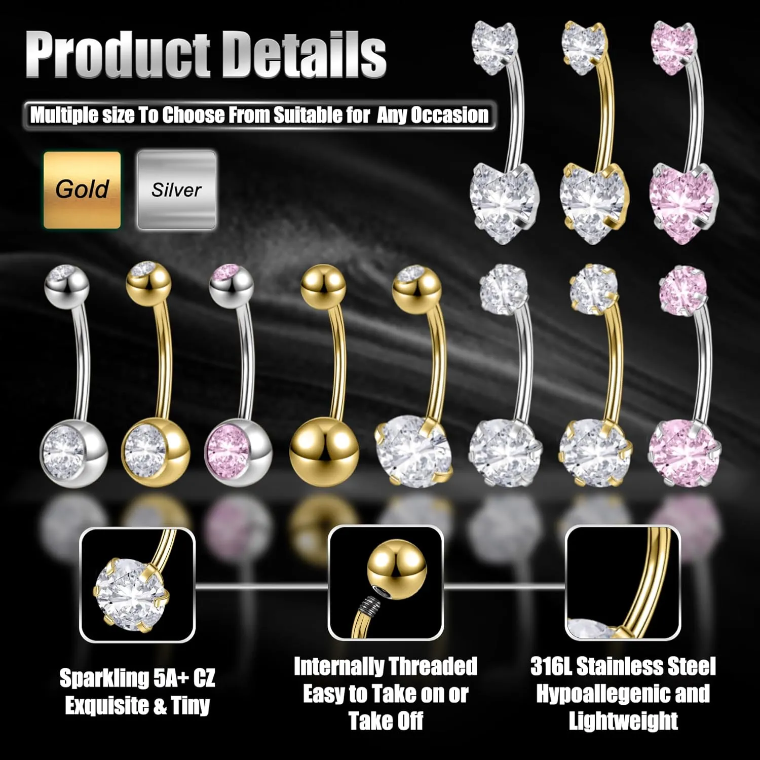 3/5PCS 14G Belly Button Rings for Women Surgical Stainless Steel Gold Belly Button Piercing Silver Belly Rings Cubic Zirconia Navel Rings Body Piercing, 6/8/10/12MM