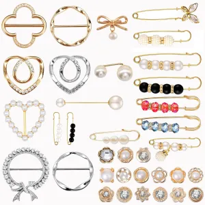 35PCS Scarf Ring Clip Pearl Brooch Pins - Fashion Metal Round Circle Shirt Clip T-shirt Sweater Shawl Ties Clips Clothes Corner Knotted Button Buckle Brooches for Women Girls Gift (Type I 35PCS)