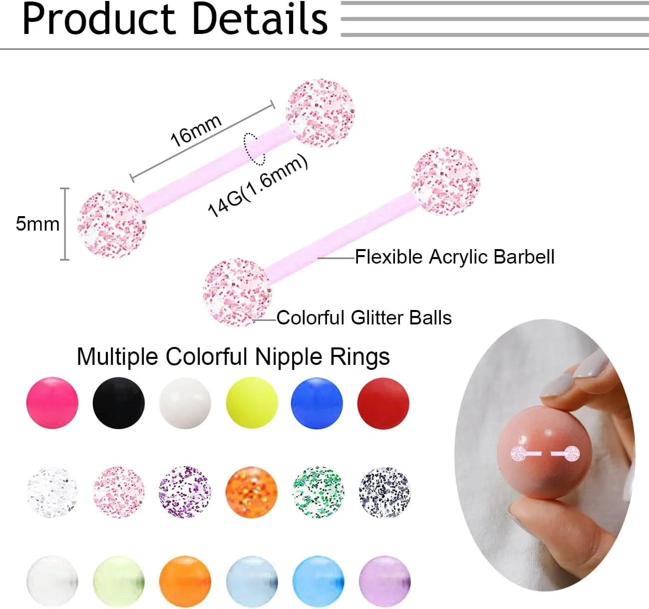 36Pcs 14G Glow in Dark Flexible Acrylic Straight Tongue Barbell Nipple Ring Retainer Piercing Jewelry for Women Men Stainless Steel Nipple Piercings 16mm Bar