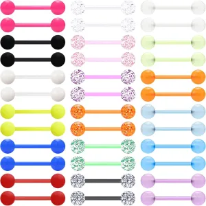 36Pcs 14G Glow in Dark Flexible Acrylic Straight Tongue Barbell Nipple Ring Retainer Piercing Jewelry for Women Men Stainless Steel Nipple Piercings 16mm Bar