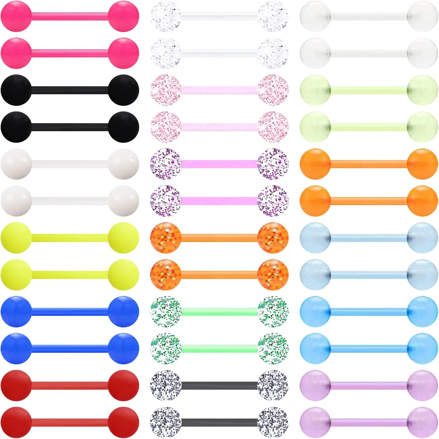 36Pcs 14G Glow in Dark Flexible Acrylic Straight Tongue Barbell Nipple Ring Retainer Piercing Jewelry for Women Men Stainless Steel Nipple Piercings 16mm Bar