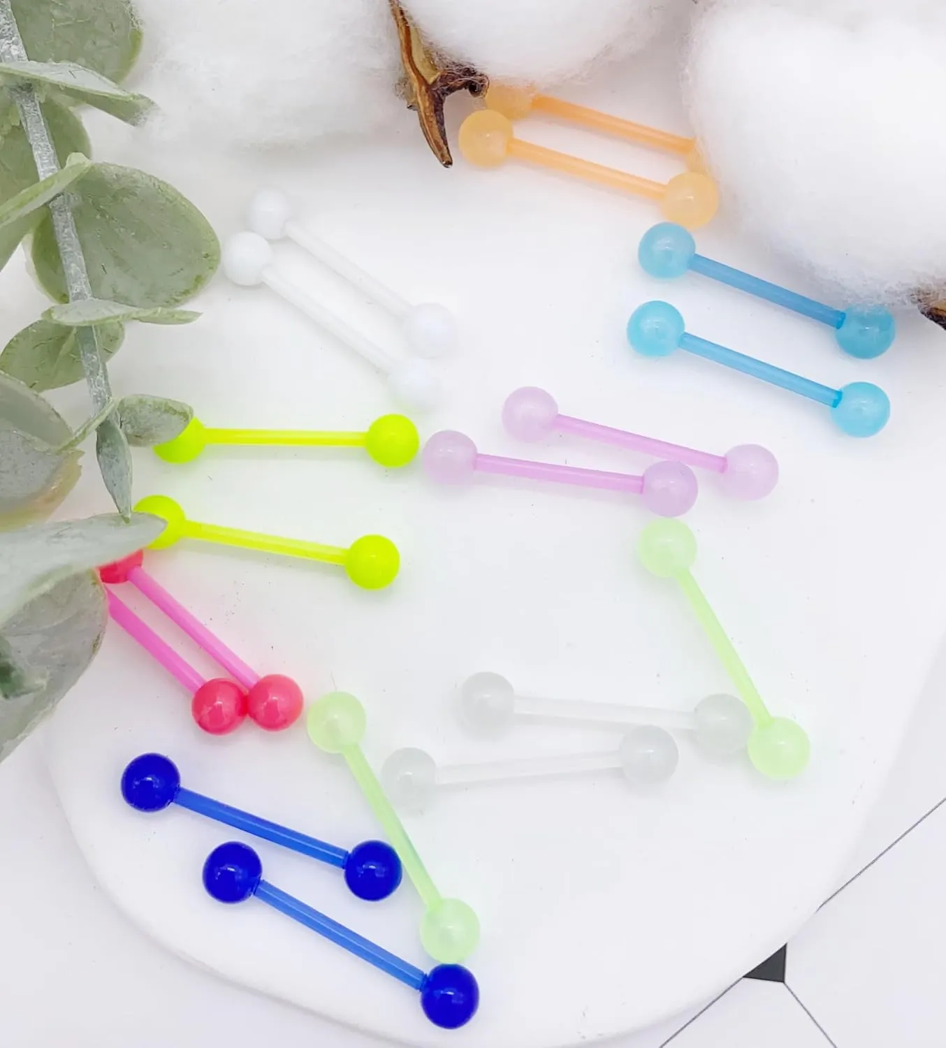 36Pcs 14G Glow in Dark Flexible Acrylic Straight Tongue Barbell Nipple Ring Retainer Piercing Jewelry for Women Men Stainless Steel Nipple Piercings 16mm Bar