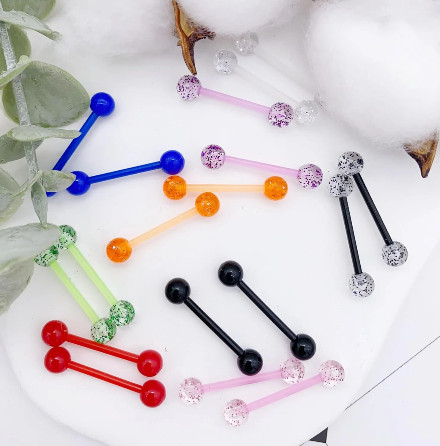 36Pcs 14G Glow in Dark Flexible Acrylic Straight Tongue Barbell Nipple Ring Retainer Piercing Jewelry for Women Men Stainless Steel Nipple Piercings 16mm Bar