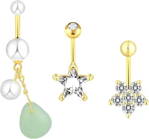 3Pcs 14G 316L Stainless Steel Belly Button Rings for Women Star Round CZ Pearl Dangle Belly Button Rings Navel Piercing Jewelry