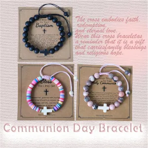 3PCS Communion Bracelets for Girls Boy Fashion Natural Stone Clay Cross Bracelet First Communion Baptism Bless Jewelry Gifts, Adjustable